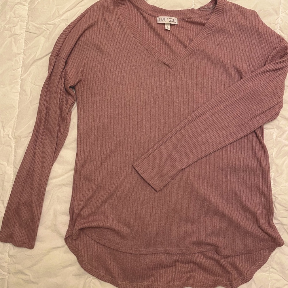 Planet Gold Junior's Long Sleeve Ribbed Hacci V-Neck Shirt